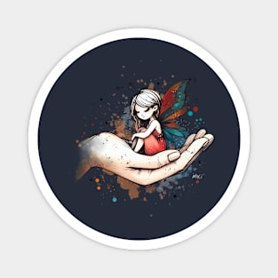 Woman Cradling Fairy in Palm Of Hand Watercolor Design | Dark Magnet